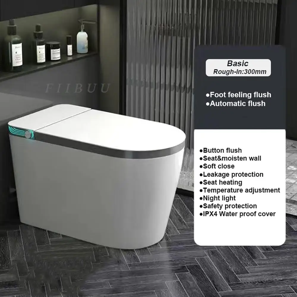 Elongated Smart Toilet Built-in Bidet Water Tank No Water Pressure Limit Multifunctional LED Display Screen Foot Sensing Toilet