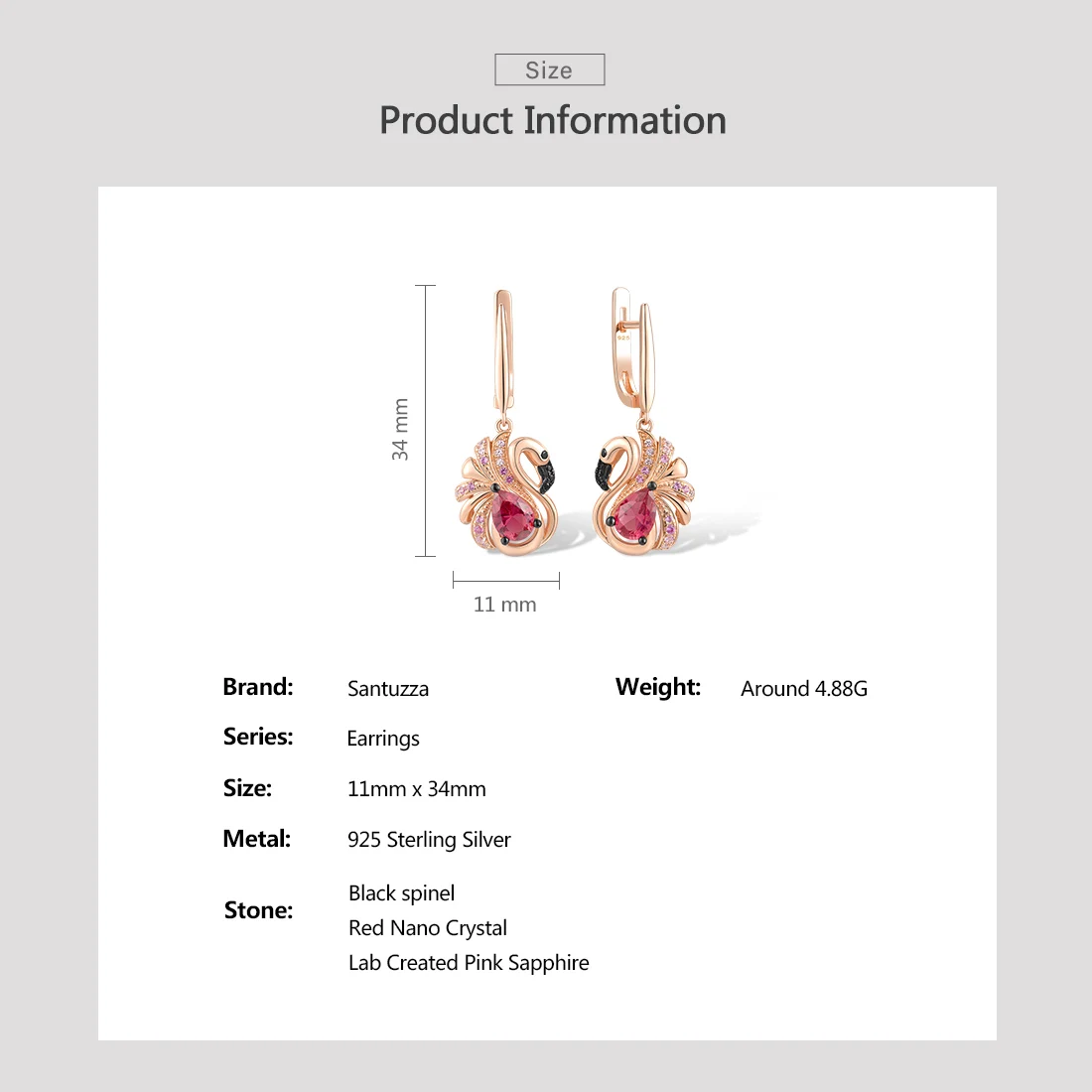 SANTUZZA Pure 925 Sterling Silver Earrings For Women Sparkling Created Sapphire Red Crystal Cute Pink Flamingo Fine Jewelry