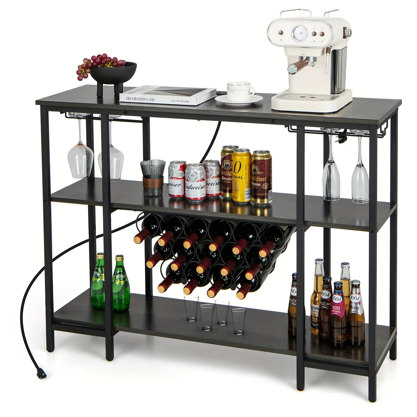 

1 шт., промышленный винный шкаф, деревянный консольный стол с винной стойкой и розетками питания, серый деревенский шкаф для хранения напитков для бокалов