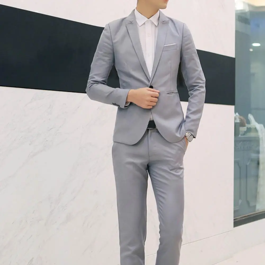 1 Set Blazer Pants Slim Fit Groom Suit Slimming Pure Color Blazer Pants