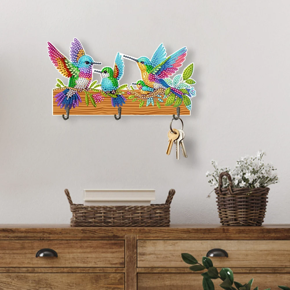 Bird Wooden Diamond Art Craft Wall Hooks with 3 Hooks Diamond Painting Hook Rail Rhinestone Painting Coat Hook for Wall Cabinet