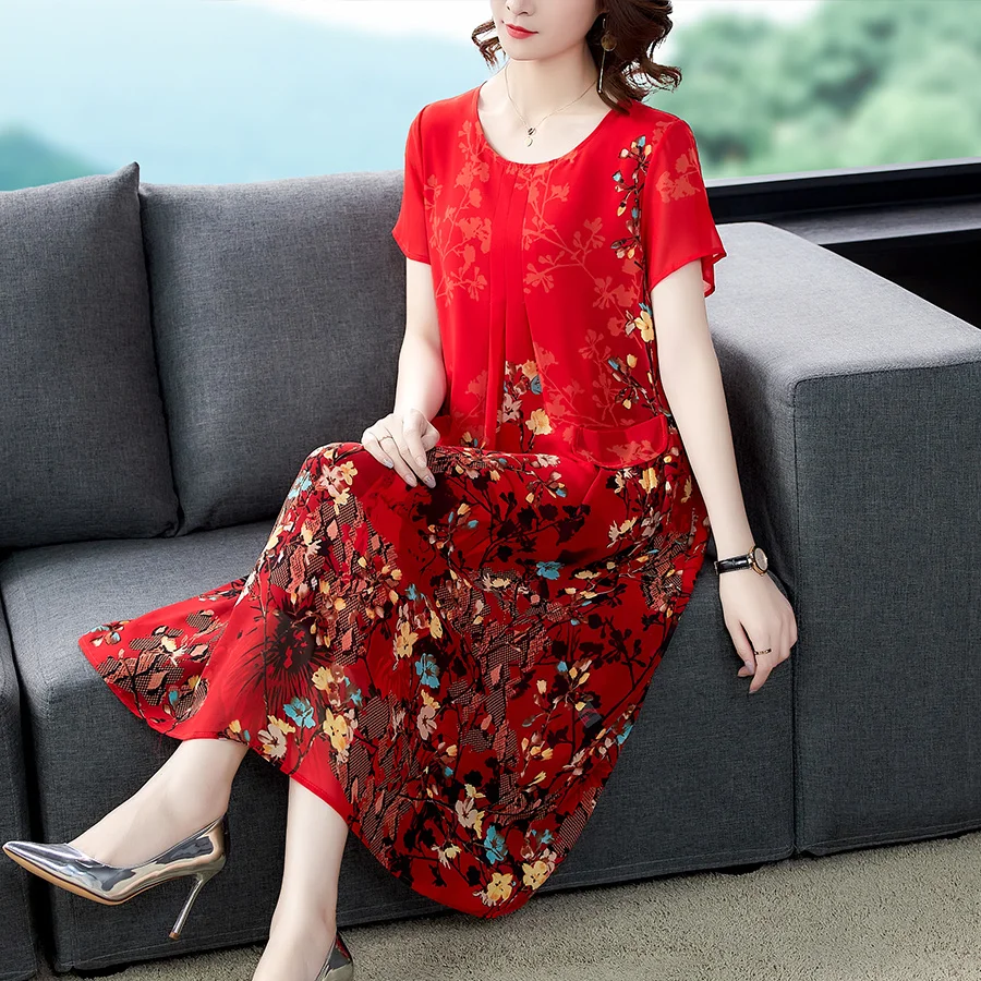 

Blue 2023 Floral Chiffon Vintage Midi Dresses Elegant Female office lady Print Sundress Summer Party Bodycon Runway Vestidos