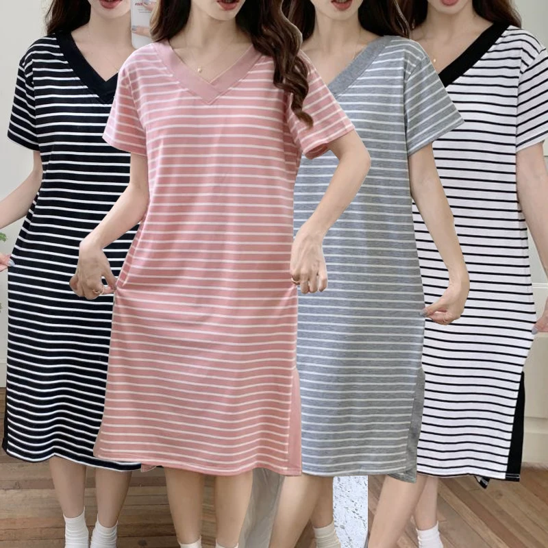 

2023 летние сексуальные ночные рубашки из модала с коротким рукавом и V-образным вырезом для женщин Повседневная одежда для сна в полоску ночная рубашка домашняя Ночная сорочка