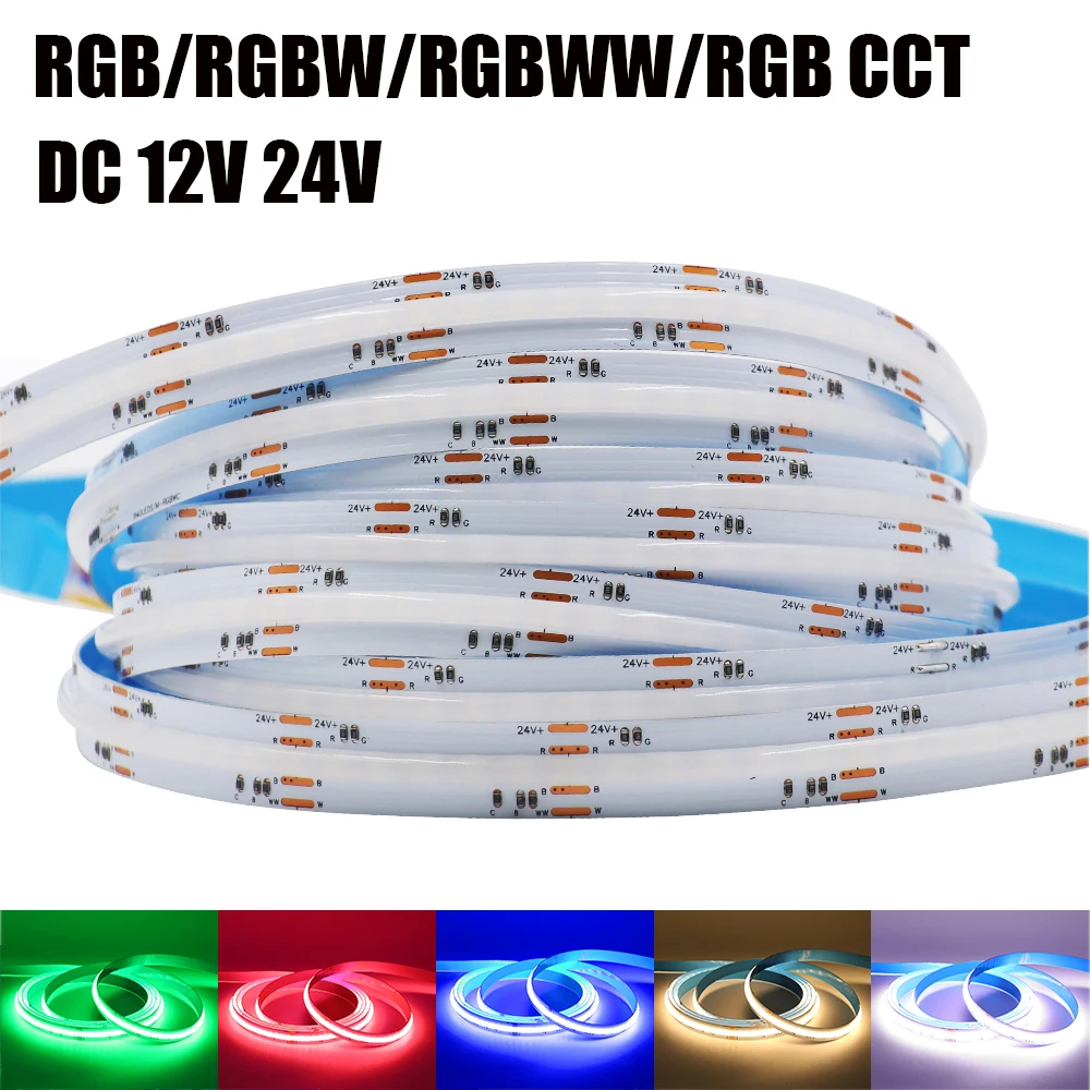 Rgb Rgbw Rgbww Rgbcct Cob Led Strip 12V 24V 840 784Leds/M Flessibile High Bright Dotless Led Tape Diodo Nastro Flessibile