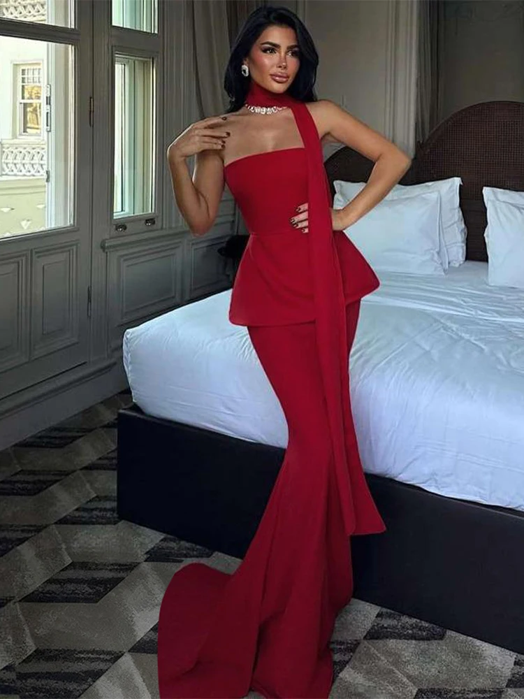 Nibber Christmas Strapless Dress Women Flounced Edge Scarf Collar Peach Hip Birthday Party Classic Simple Elegant Chic Vestidos