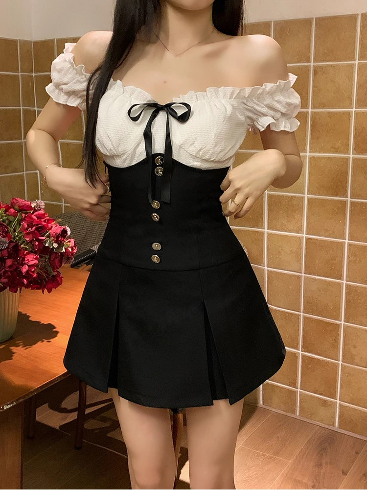 

Elegant 2 Piece Dress Set Women Casual White Kawaii Blouse Female High Waist Y2k Black Skirt Slim Lolita Clothing 2023 Summer