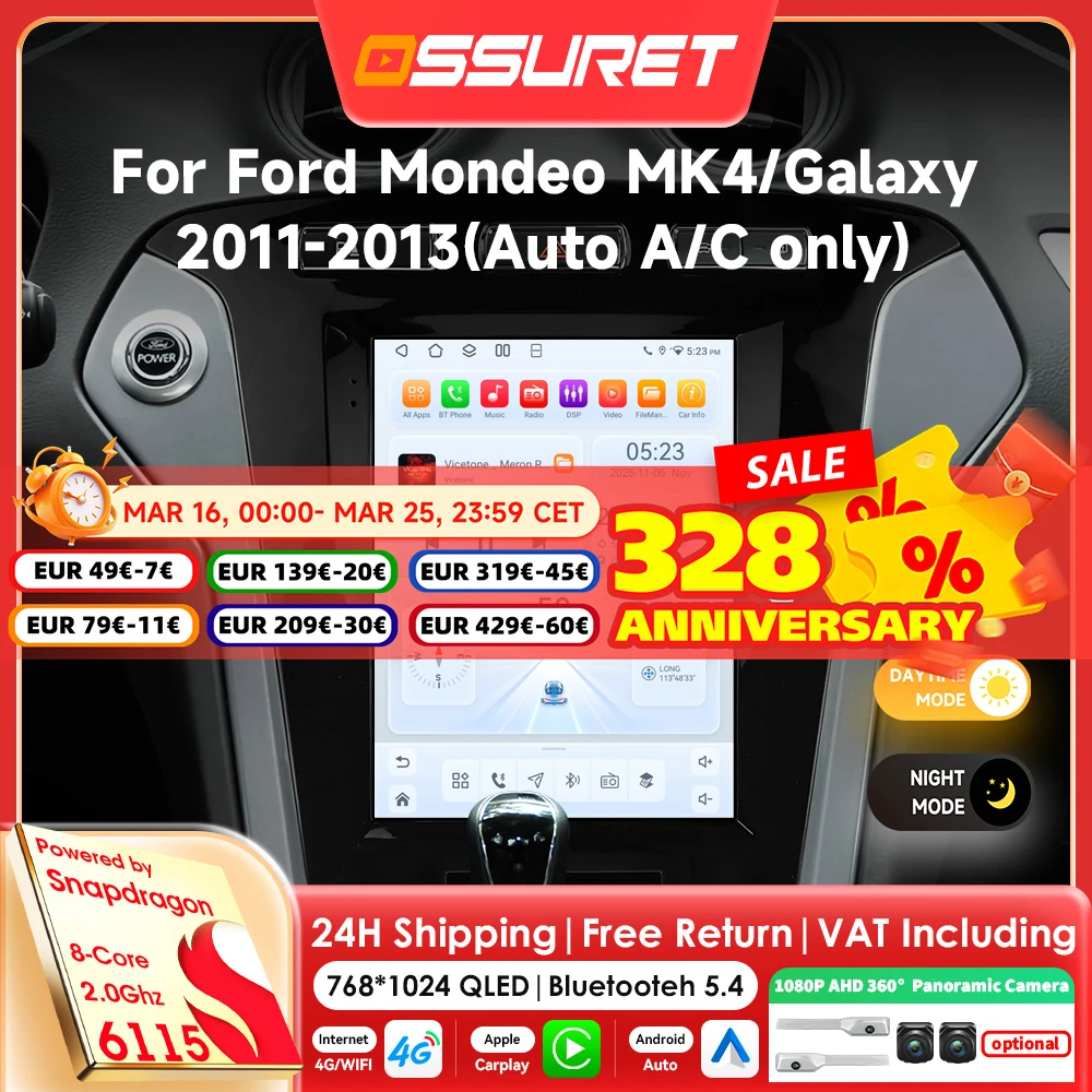 9,7-Zoll-Autoradio mit AI Carplay und Android 14 für Ford Mondeo MK4 Galaxy 2011 2012 2013 Multimedia mit Snapdragon 6115 GPS Stereo 360 Kamera