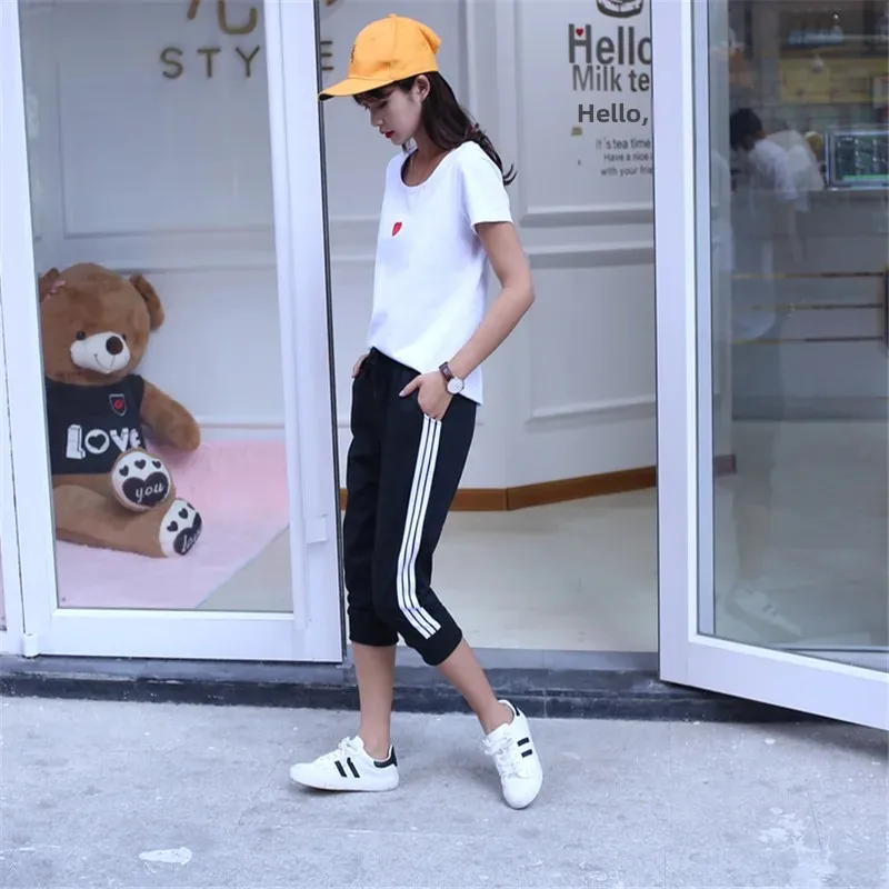 Casual Women's Running Fitness Tracksuit Pants White Horse Lift Bar Seven Point Pants Sporty Trendy Outerwear Fitness Wear