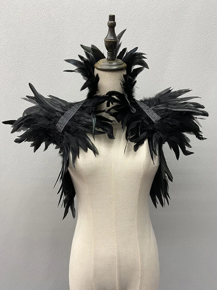 AUNGKWANG Cape voor heren, gothic veer, met leren body harnas, zwarte natuurlijke veer-cape, voor carnaval, gotisch kledingfeest, Halloween, cosplay (een paar schoudervullingen van veren