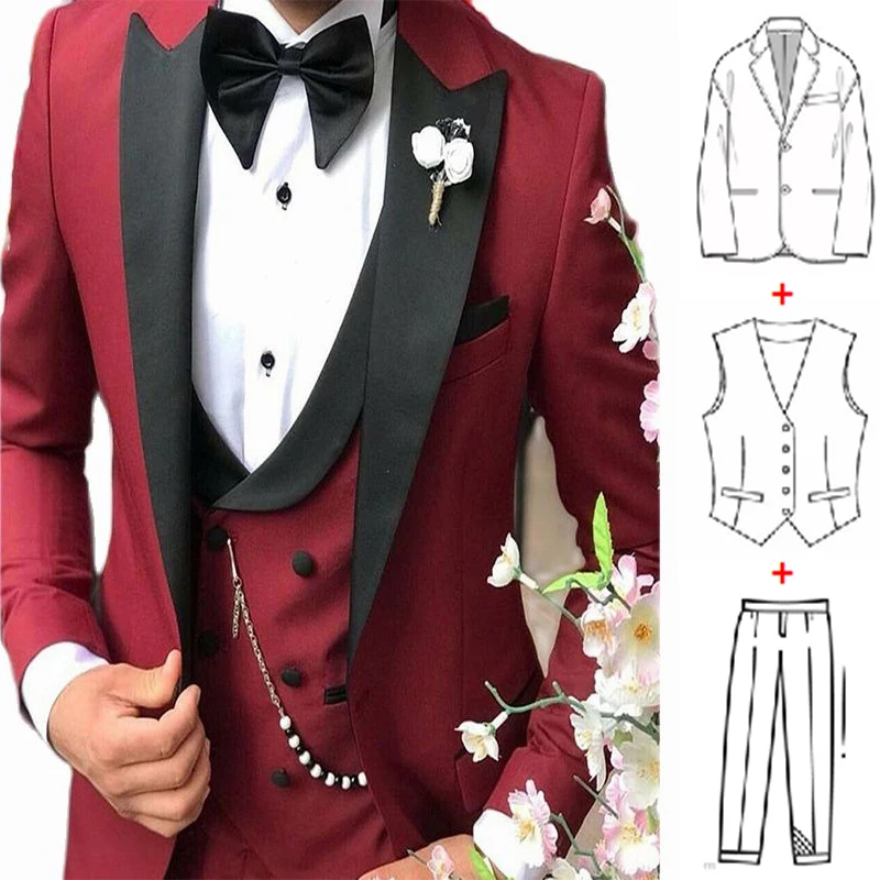 

Burgundy Groom Tuxedo for Wedding Tailor Made Best Man Slim Fit Groomsmen Prom Suits 3 Piece Blazer Vest Pants Trajes De Hombre