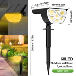 LED Solar Landscape Spotlights - Outdoor Garden Wall Light with 3 Modes - 1pcs (68 LED Warm White)