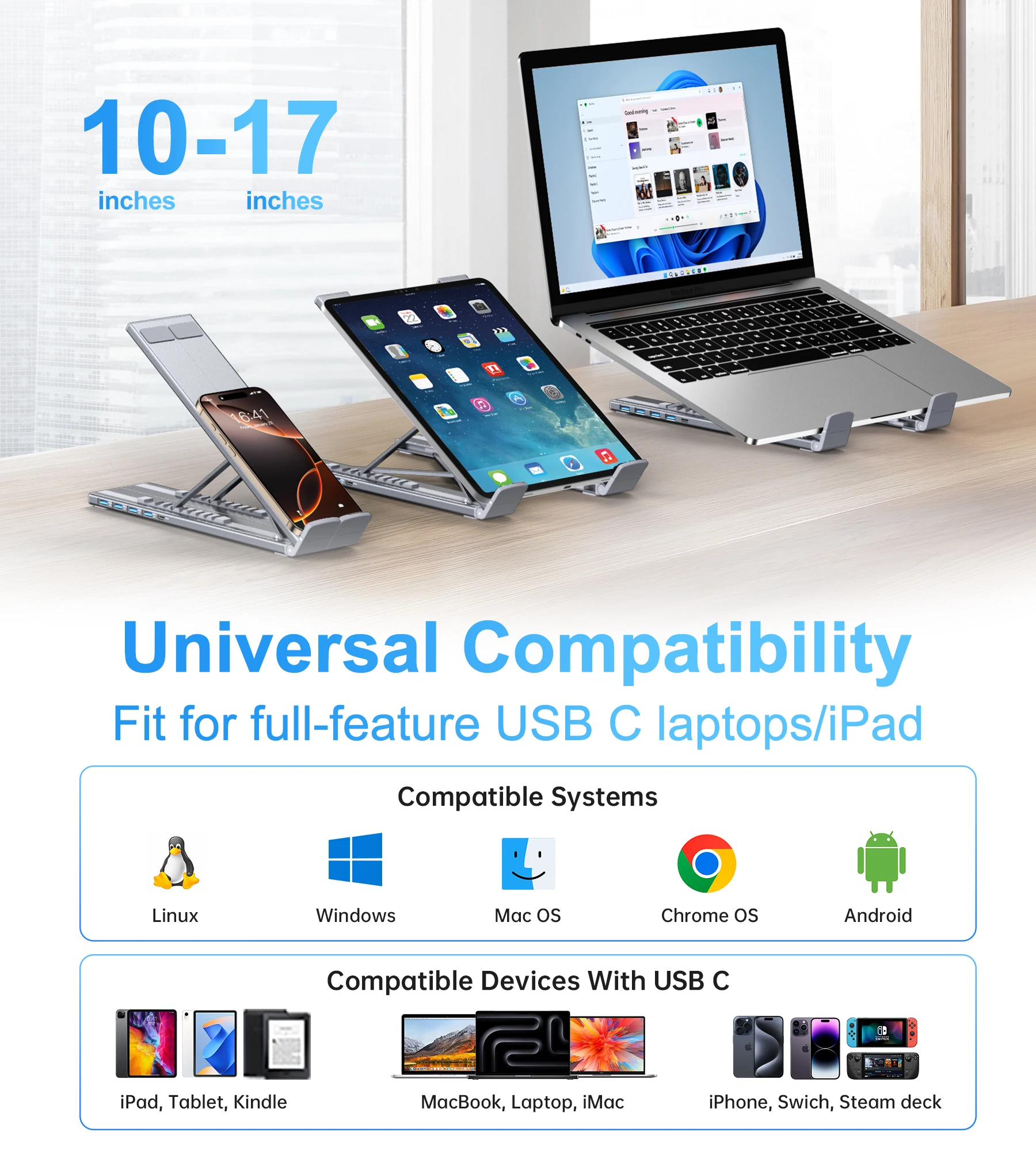 5 in 1 USB C 노트북 도킹 스테이션 스탠드 (USB C, 2개의 USB 3.1, SD/TF 카드 포트, PD 100W 지원), 맥북용 범용 도킹 스테이션