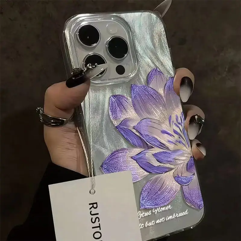 Elegant Pink Peony Lotus Print Shockproof Phone Case with Silver Plated Cover