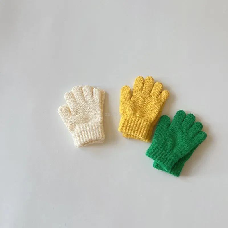 3-7Yrs Winter Children Girls Soft Full Finger Solid Thicken Warm Gloves Baby Outdoor Warm Boys Mittens Acrylic Gloves for Kids 6