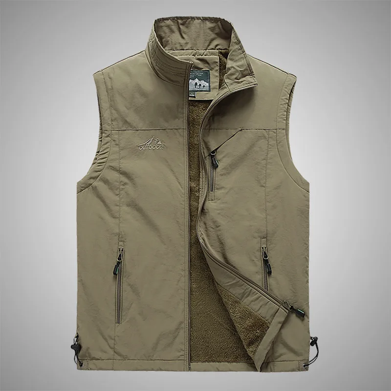 Autumn and Winter Men's Zipper Solid Pocket Letter Embroidery Plush and Thickened Cardigan Vest Coat Fashion Casual Tops
