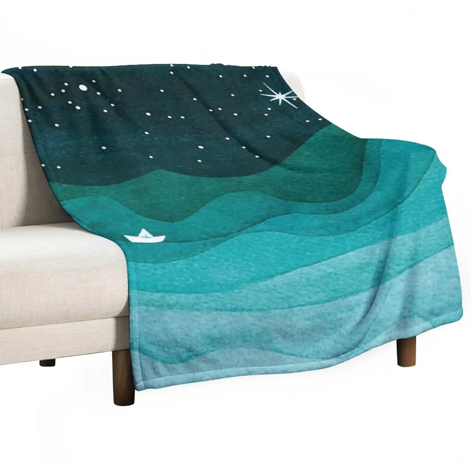 

Starry Ocean, teal sailboat watercolor sea waves night Throw Blanket Decorative Beds Nap Blankets