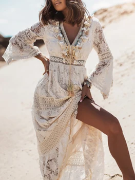 Elegant Flare Sleeve Femme Solid Maxi Dress Casual Women V Neck Patchwork Loose Dress 2022 Summer Lace Party Long Dress Vestidos 1