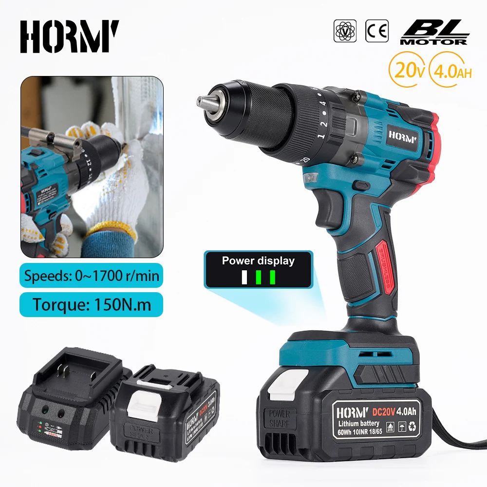 Hormy Brushless Electric Screwdriver Cordless Impact Hammer Drill 2-Speed 150N.m Powerful Torque Tool For Makita 18V Battery