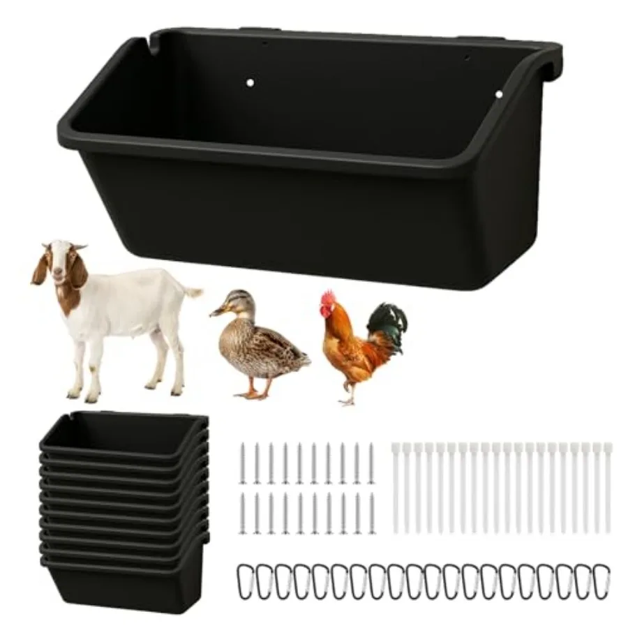 19379-677894.jpg 10 Pack Hanging Goat Feeder and Duck Feed Trough, 5 Qt Fence Mounted Livestock Manger Heavy Duty Plastic Mineral Bucket and Wat