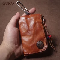 GURO High Quality Genuine Leather Home Car Key Bag Retro Men Handmade Top Cowhide Coin Purse Women Zipper Mini Wallet Card Holde