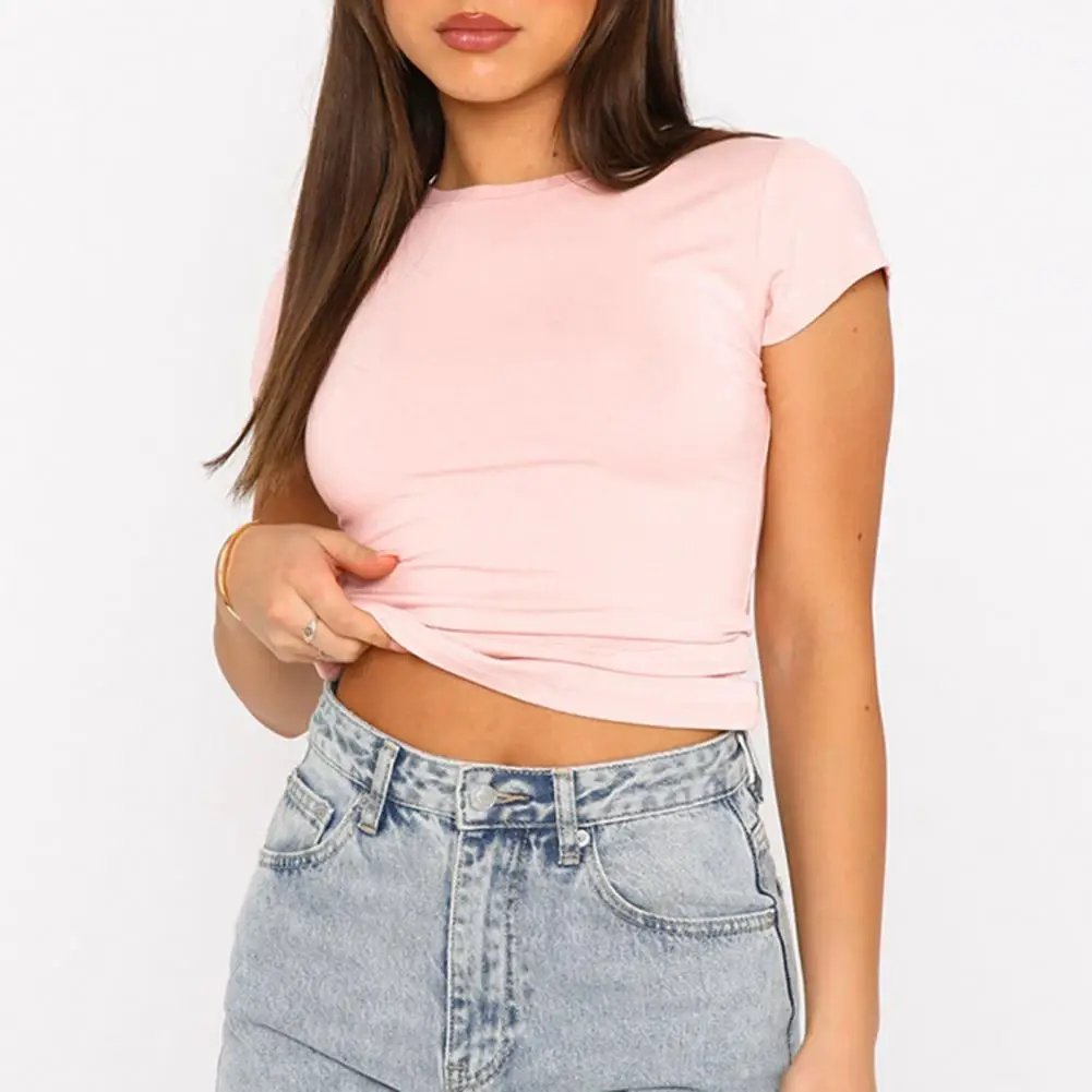 

Women Summer Tee Shirt Round Neck Short Sleeve Pullover Tops Slim Fit Solid Color T-shirt Streetwear