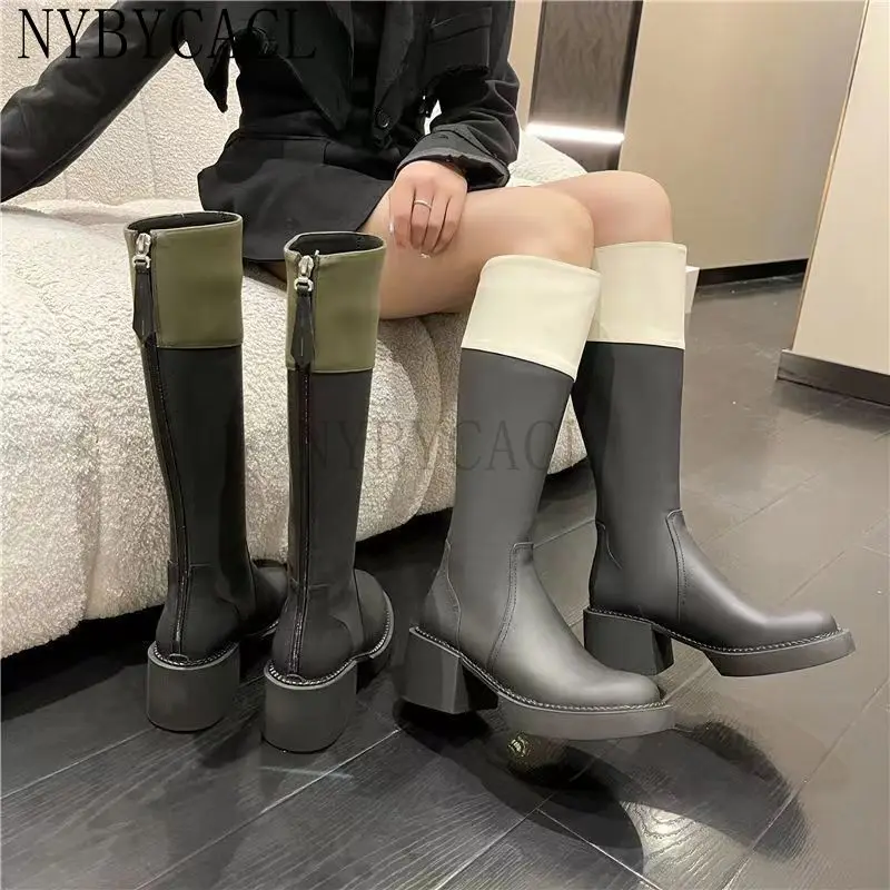 Fall Winter Women's Long Boots Leather Zip Shoes For Women Square Heel Female Fashion Platform High Heeled Botas Mujer New 2023