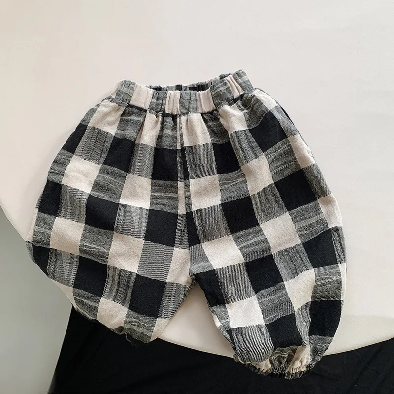 

2023 весенне-осенние хлопковые брюки для мальчиков детская Корейская версия девятипроцентных клетчатых брюк