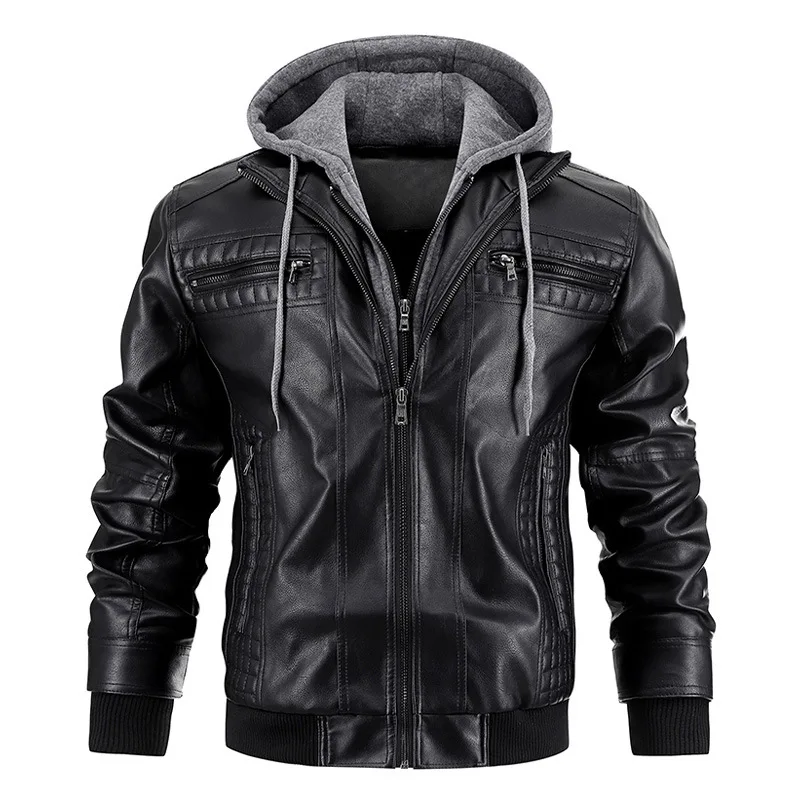 Leather Jackets Men's Motorcycle Slim Fit Hooded PU Coat Autumn Winter Casual Windproof Detachable Hat S-XXXL