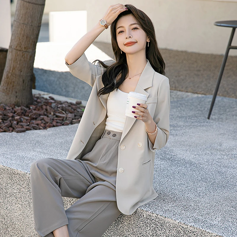 Spring and Autumn Daily Coat Women's Blazers Thin Fashion Loose Thin Seven Points Sleeve Lapel Suit Short Sets Jacket for Lady