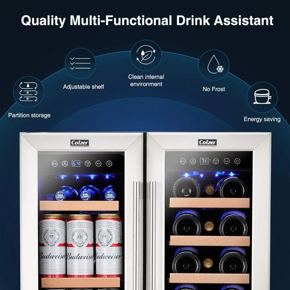 Wine and Beverage Refrigerator 24 inch, Dual Zone Wine Cooler Under Counter Lockable 18 Bottles and 57 Cans Fridge Built