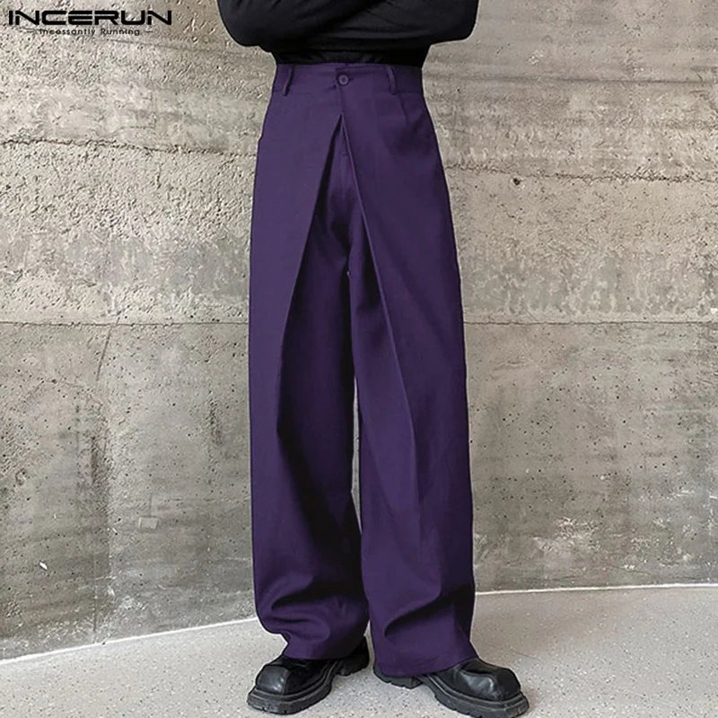 

INCERUN 2024 Korean Style New Men Trousers Pleated Double Waistband Design Pants Casual Streetwear Male Wide Leg Pantalons S-5XL