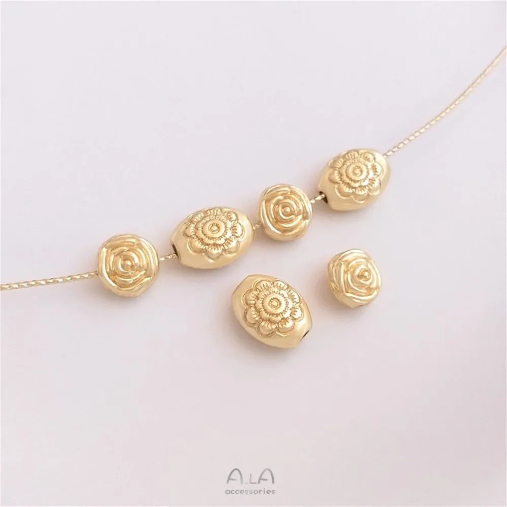 14K gold rose through hole loose beads double - sided carved oval separated beads DIY hand chain accessories 13x10mm austria spacer oval shape crystal beads for needlework women diy accessories pearls loose facet glass beads