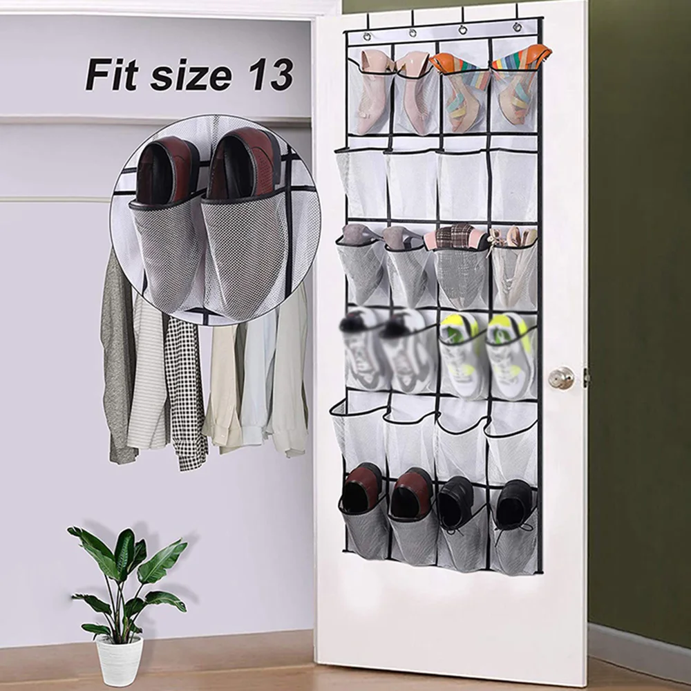 1x 24 Grid Wall-mounted Sundries Shoe Organiser Fabric Closet Bag Storage Rack Mesh Pocket Clear Hanging Over The Door Cloth Box 4