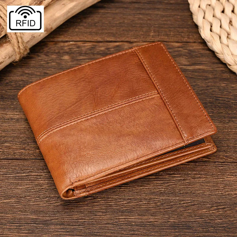 

RFID Blocking Men's Wallet Genuine Leather inner Zipper Short Purse Card Holder Change Coin Purse Male Horizontal Clutch Wallets