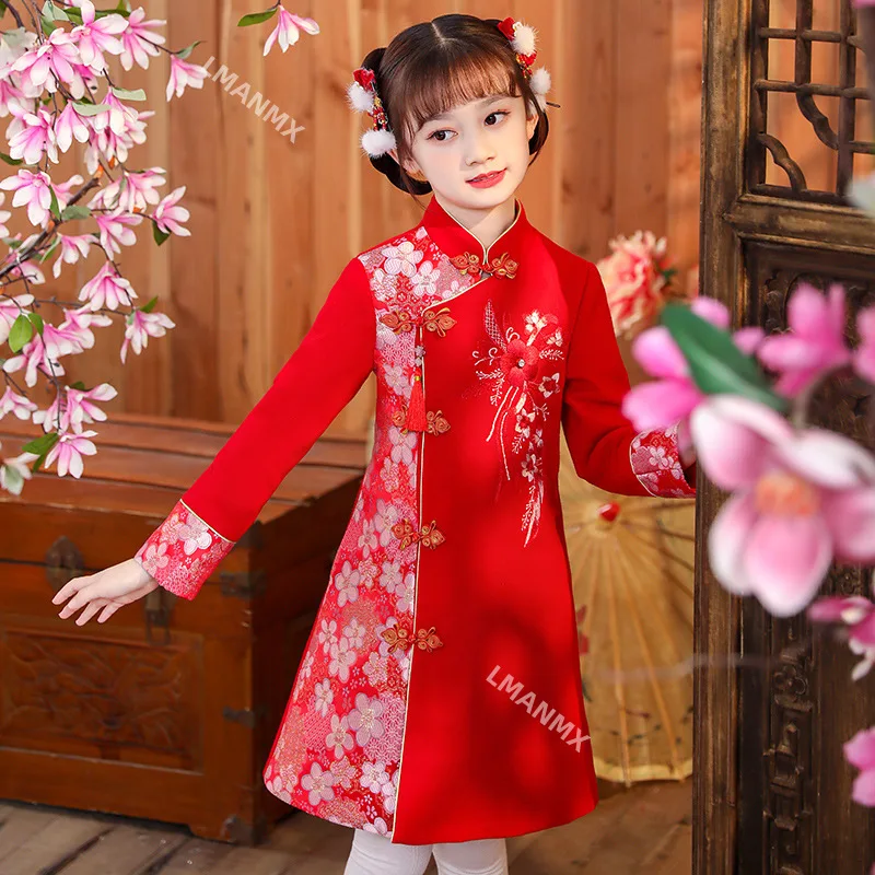 

Girls' Hanfu New Year's Clothing Children's Warm Cheongsam Chinese Tang Suit Kid Winter Plus Velvet Cute Embroidery Party Dress
