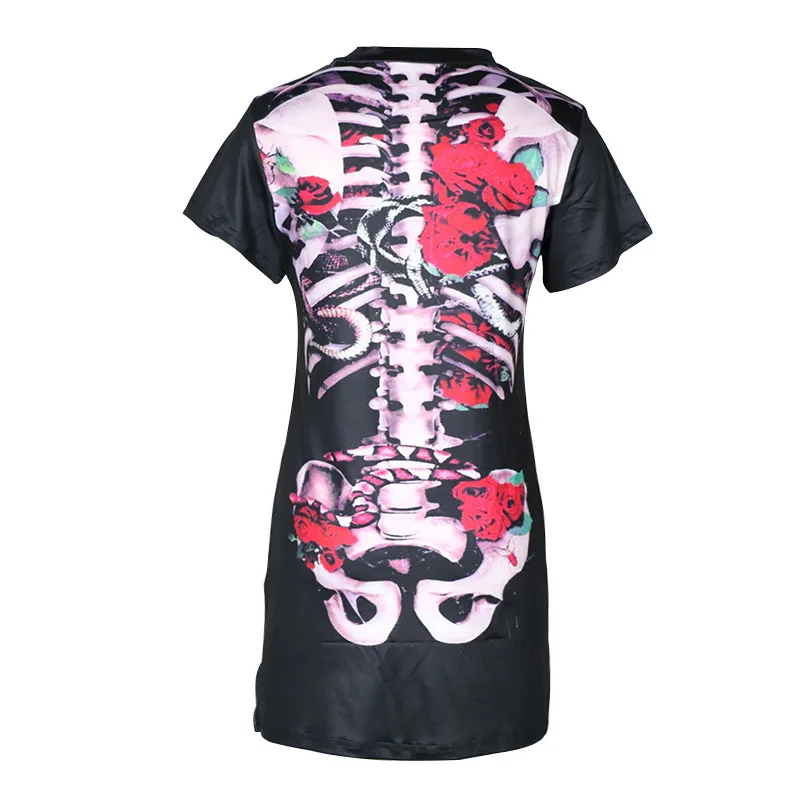 Halloween Women's Gothic Skull Bones Cosplay Party Costume Skeleton Printed Short Sleeve Mini Dress Horrible Streetwear