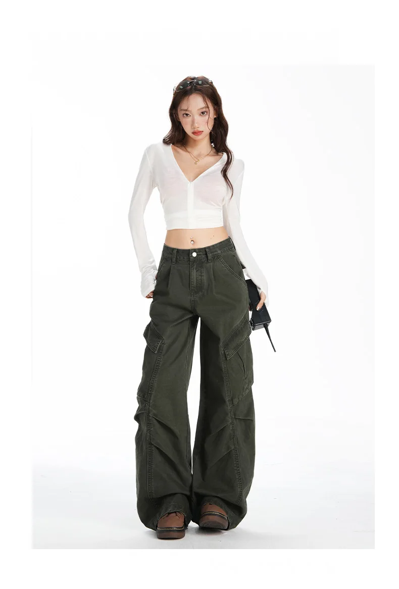 Retro Casual High Waisted Baggy Cargo Jeans Women Washed Distressed Wide Leg Pants Brown Denim Y2K Streetwear Vintage Trousers