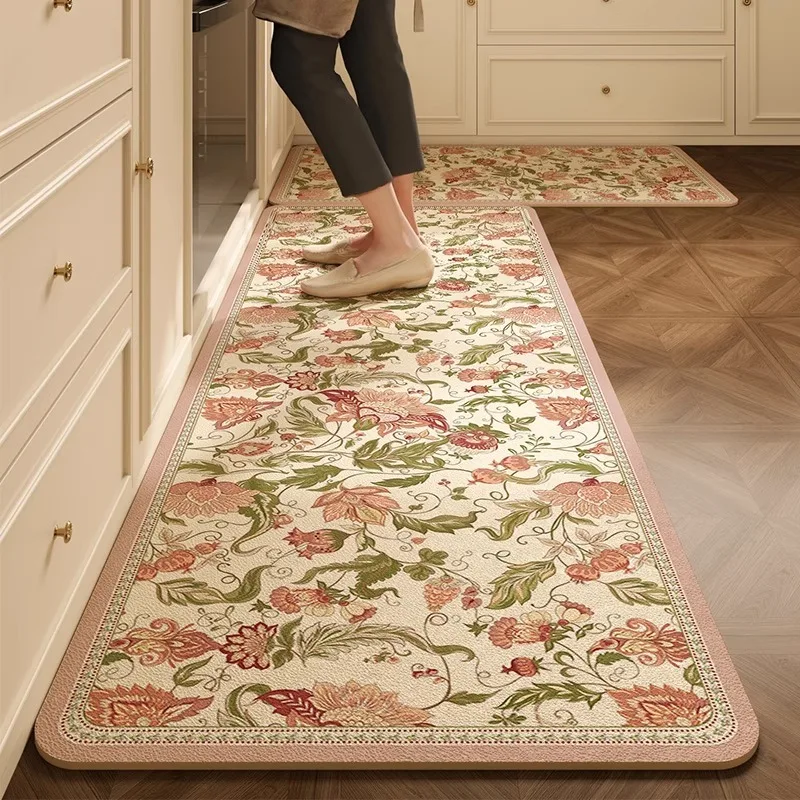 PVC Kitchen Floor Mats European Retro Floral Oil-proof Water Proof Bathroom Leather Carpets Firm Non-slip Balcony Rugs 러그 Ковер