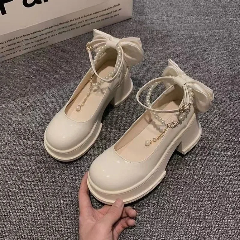 Spring/Summer High Heels Shoes Lolita Skirts Pearl Buckles Bow Mary Jane Shoes Women's Shoes Banquet Casual Shoes for Women 2