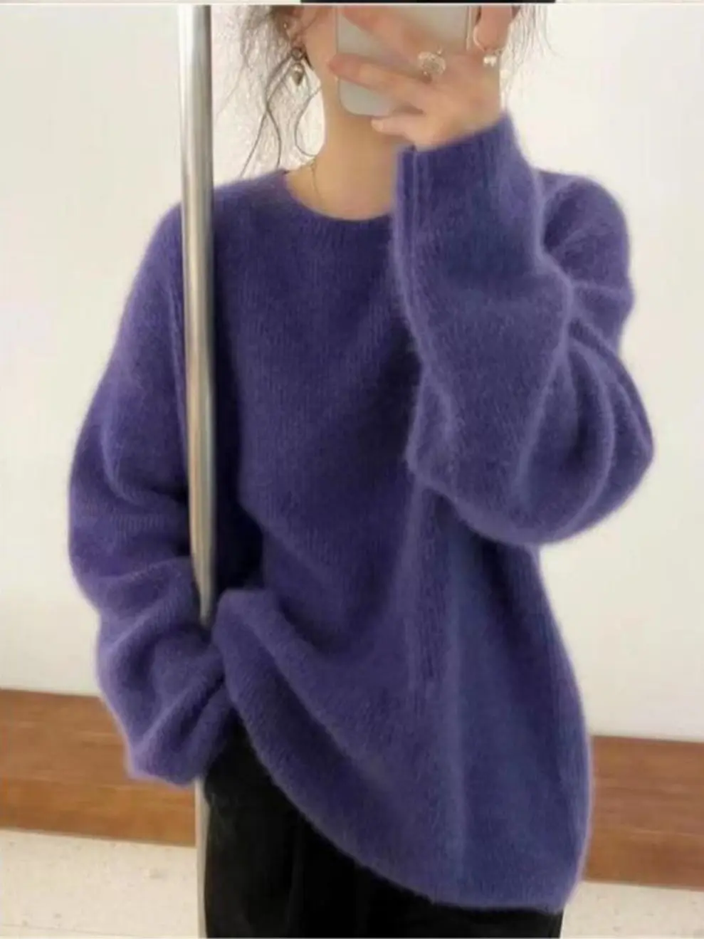 여성용 라운드 넥 캐시미어 스웨터, 두꺼운 회색 양모, 모헤어, 소프트 니트 스웨터, 긴팔 풀오버, 기본 상의, 2023 가을, 겨울