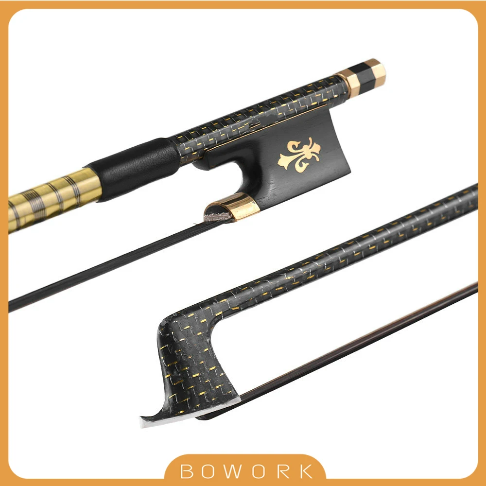 4/4 Violin Fiddle Bow Golden Braided Carbon Fiber Round Stick Ebony Frog AAA Mongolia Black Horsehair & Bow Hair Clean Comb Tool