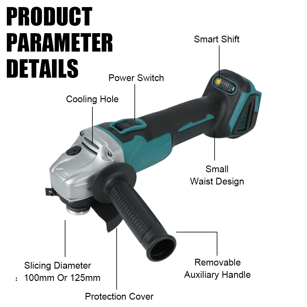 DIY Cutting Grinder Machine Hand Tool 100mm Brushless Cordless Angle Grinder for 18V Battery Power Tool 125mm 6
