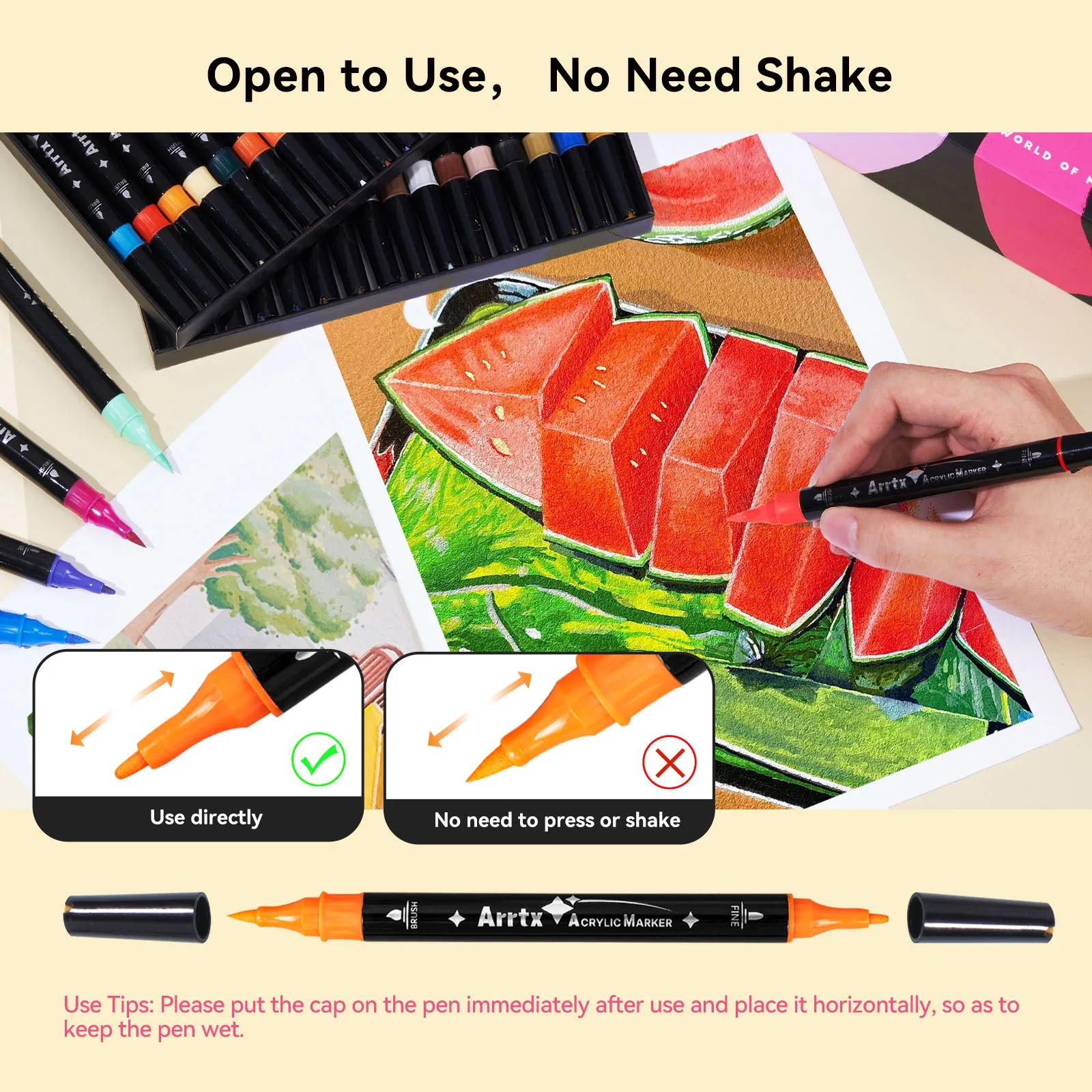 Arrtx 64 色アクリルペイントペン、ブラシとファインデュアルチップ