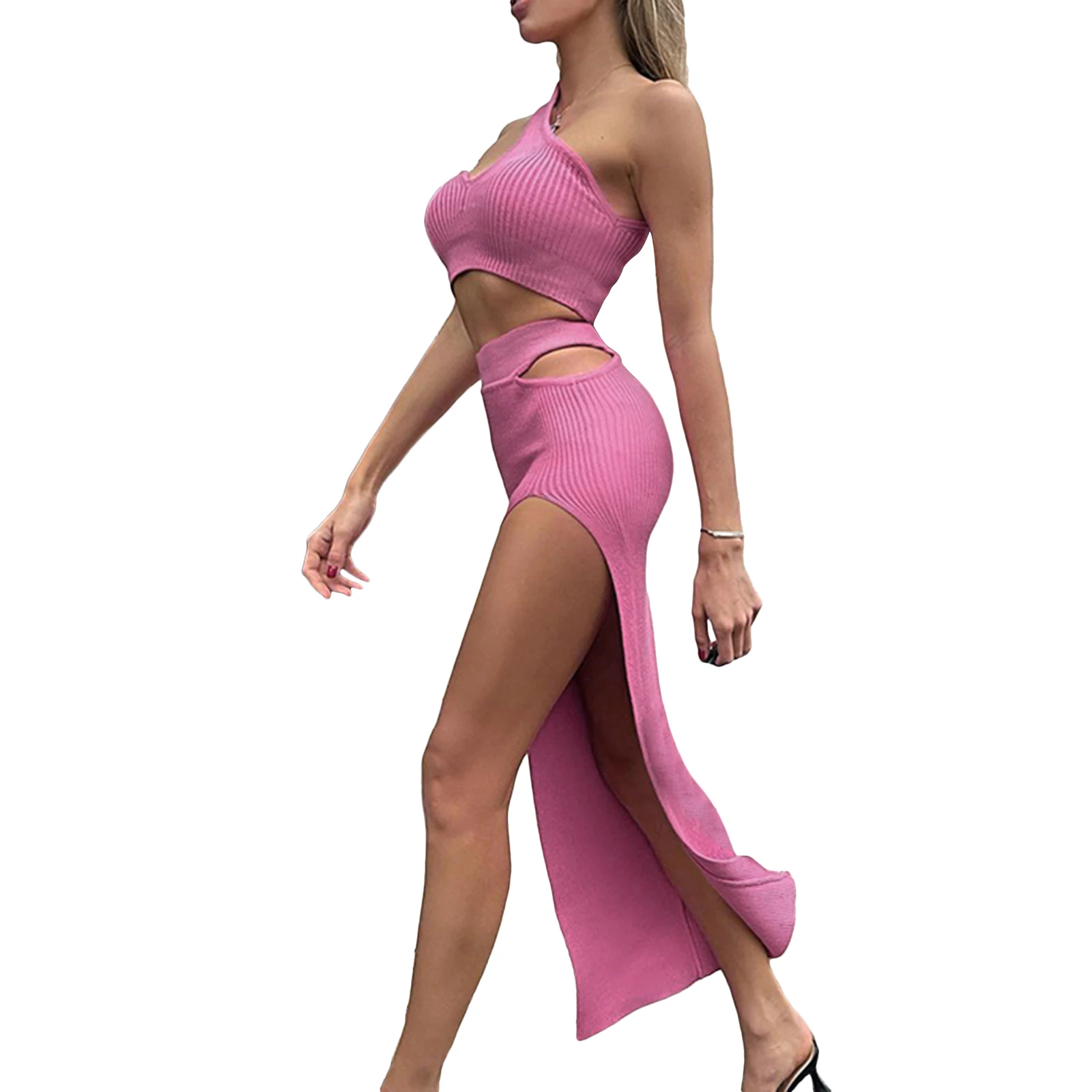 

Y2K Women 2 Piece Fall Solid Color Knit Outfits Sexy Long Sleeve Crop Top and High Slit Skirt Set