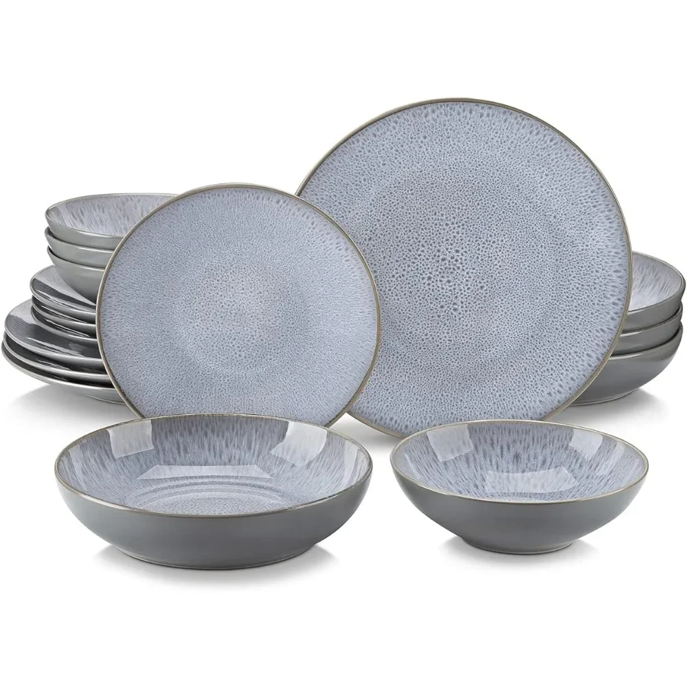 

Dinnerware Sets, 16 Pieces Stoneware Round Plates and Bowls Set, Dishes Set Service for 4, Dishwasher and Microwave Safe