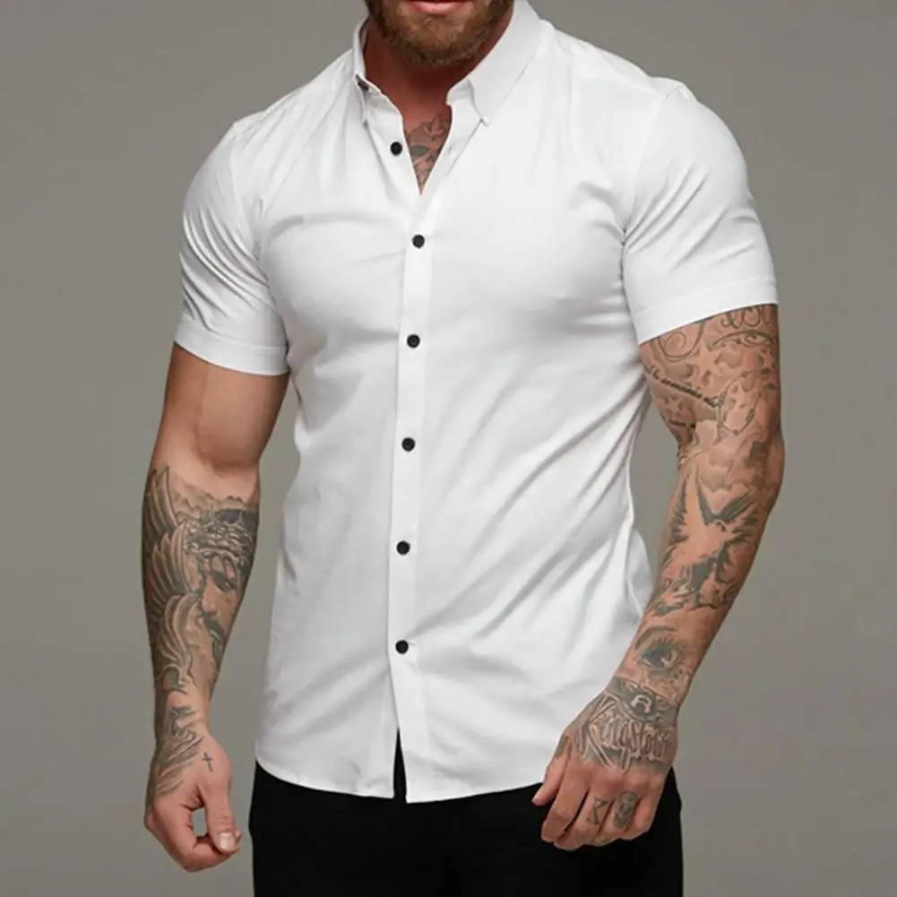 Summer Fashion Short Sleeve Shirt Men Solid Super Slim Fit Male Social Business Dress Shirt Brand Men Gym Fitness Sport Clothing