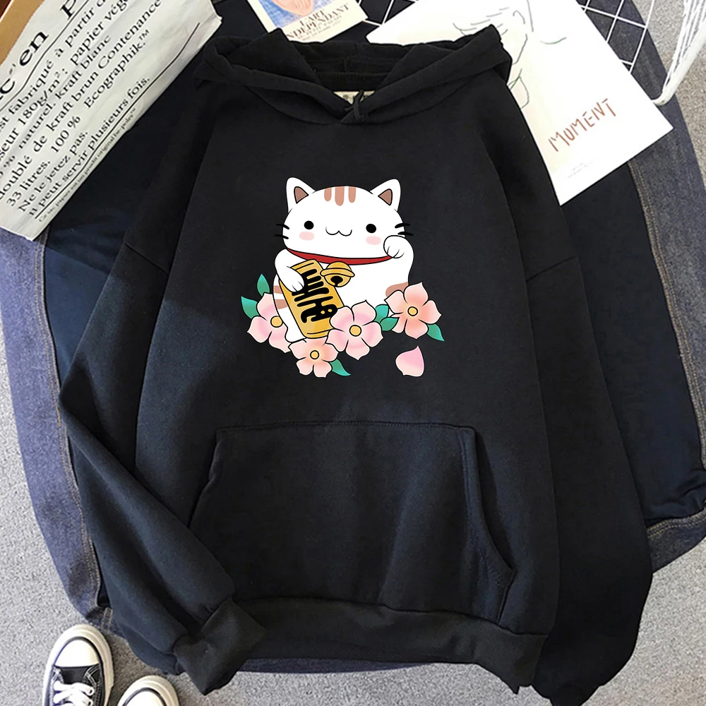 

Maneki Neko Hoodie Cartoon Cat Kawaii Print Sweatshirts Casual Long Sleeve Autumn/Winter Pullovers Girls Cute Unisex Sweatshirt