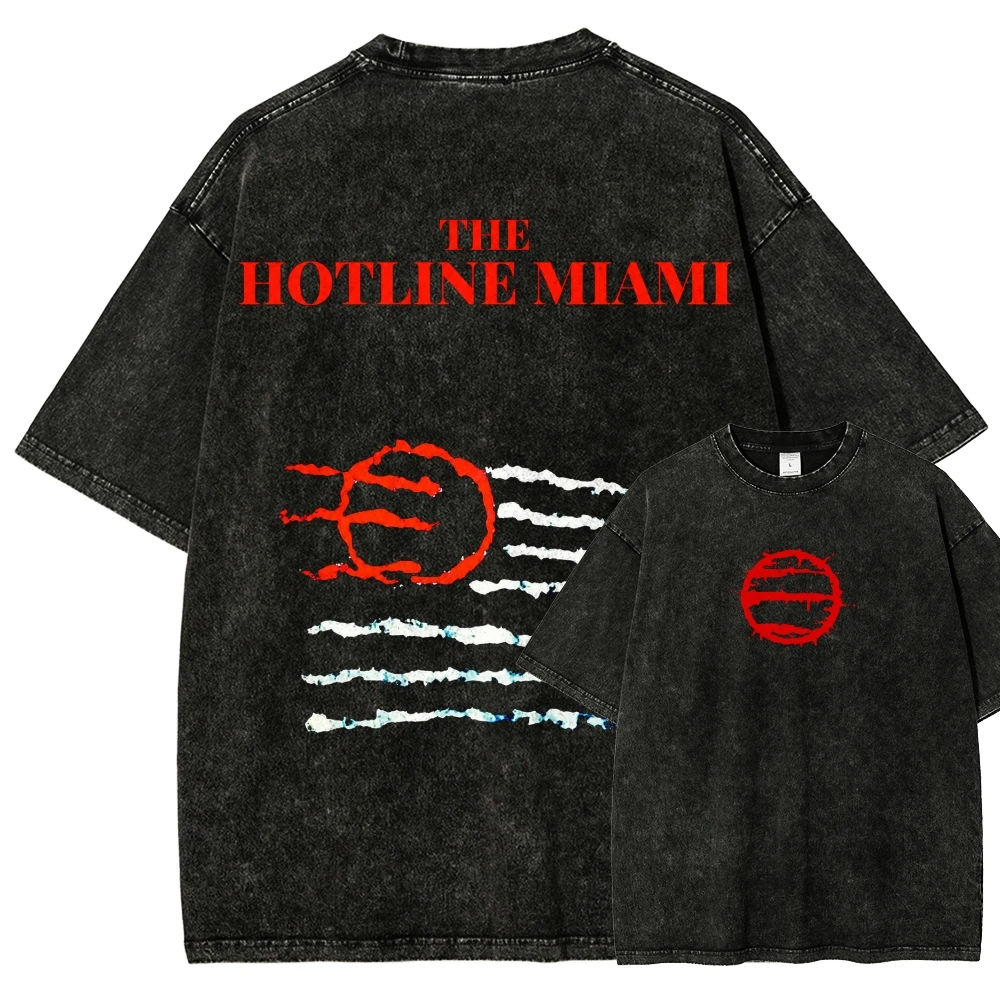 HOTLINE MIAMI Gewaschenes T-Shirt für Herren und Damen, Vintage, locker geschnitten, Oversized, Unisex, Retro-Mode, Streetwear, trendig, Baumwolle, kurzärmelig, bequem