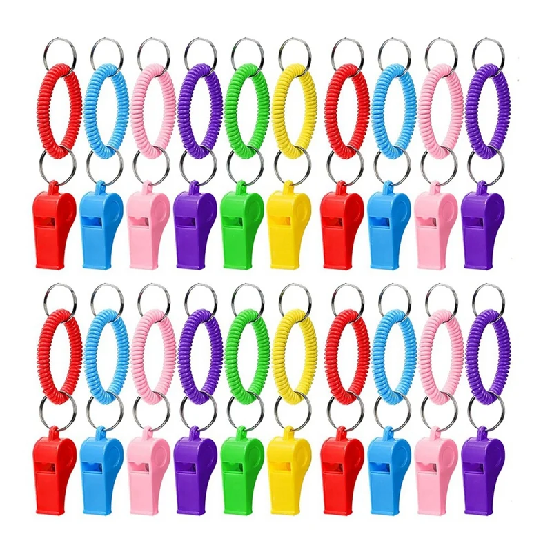 Pack Of 30 Plastic Sport Whistles With Coil Wrist Bracelet Attachments, Keychain Rings For Coaching And Officiating Duties.