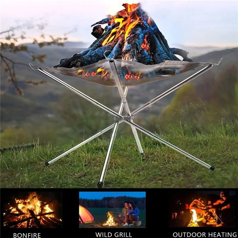 Outdoor Camping Campfire Fire Rack Foldable Mesh Fire Pit Wood Stove Frame Rack for Garden Backyard BBQ Bonfire,camping fire pit